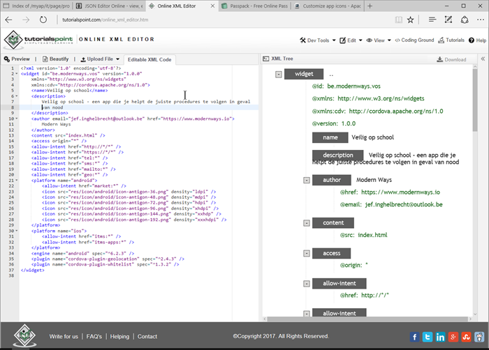 Cordova - het config.xml bestand in een online editor